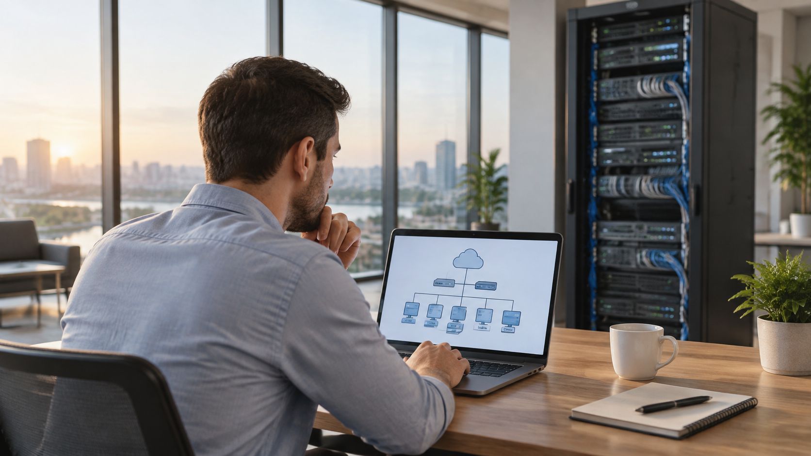 A professional IT engineer working on an enterprise network design layout on his laptop in an office.