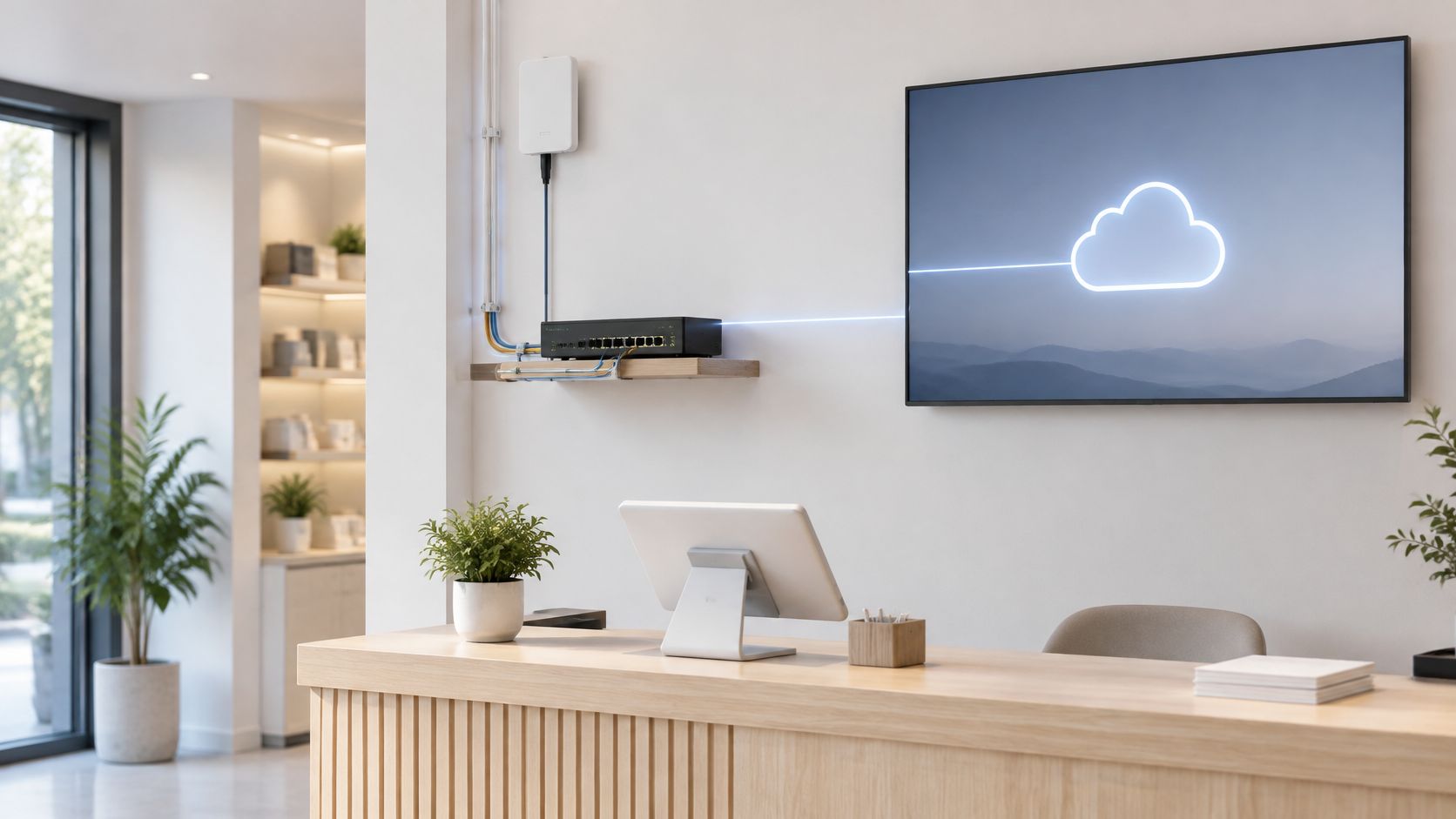 A modern reception desk featuring a network switch and a display monitor showing a cloud computing icon.