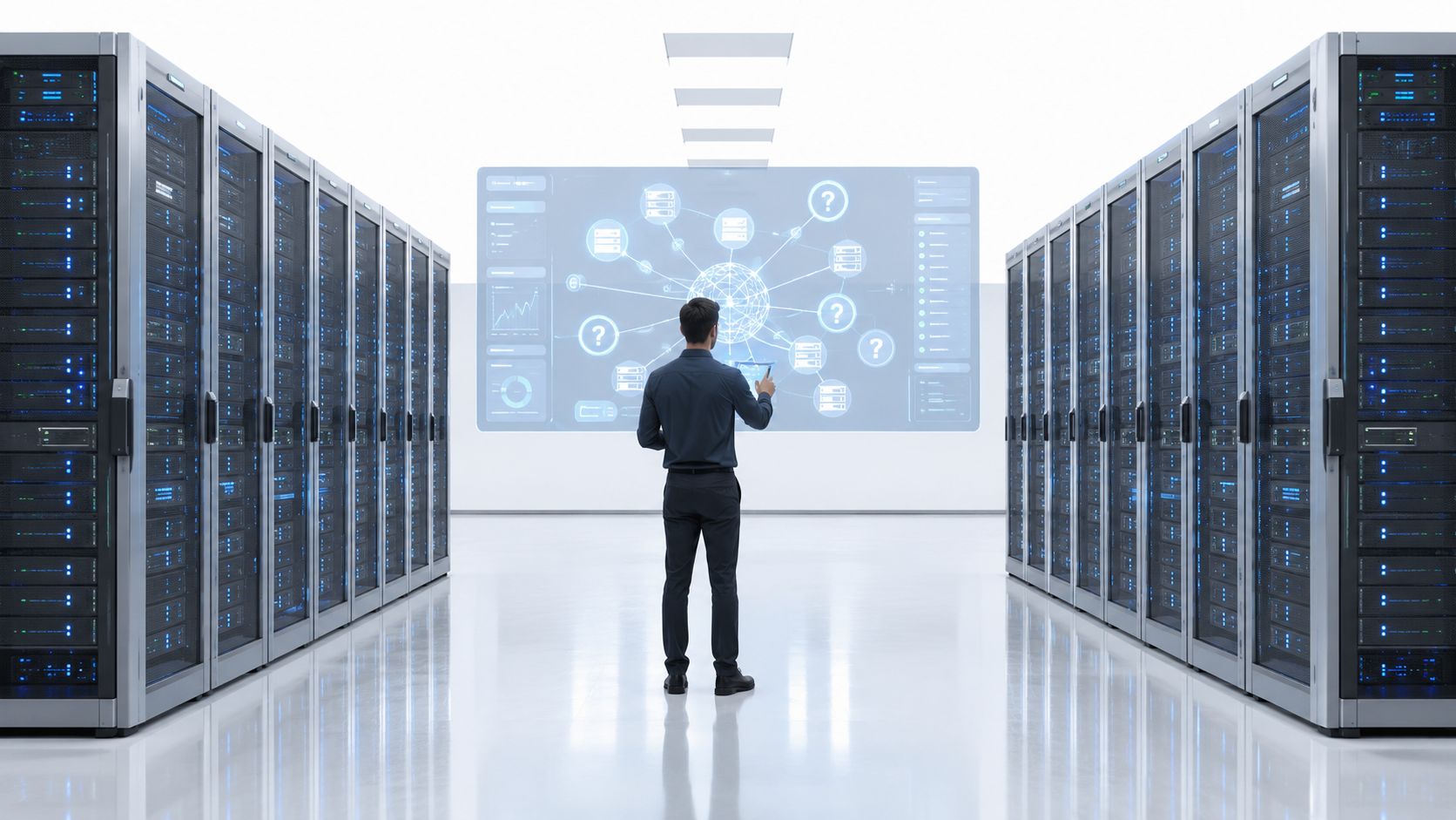 A professional man standing in a modern data center, interacting with a digital network display screen.