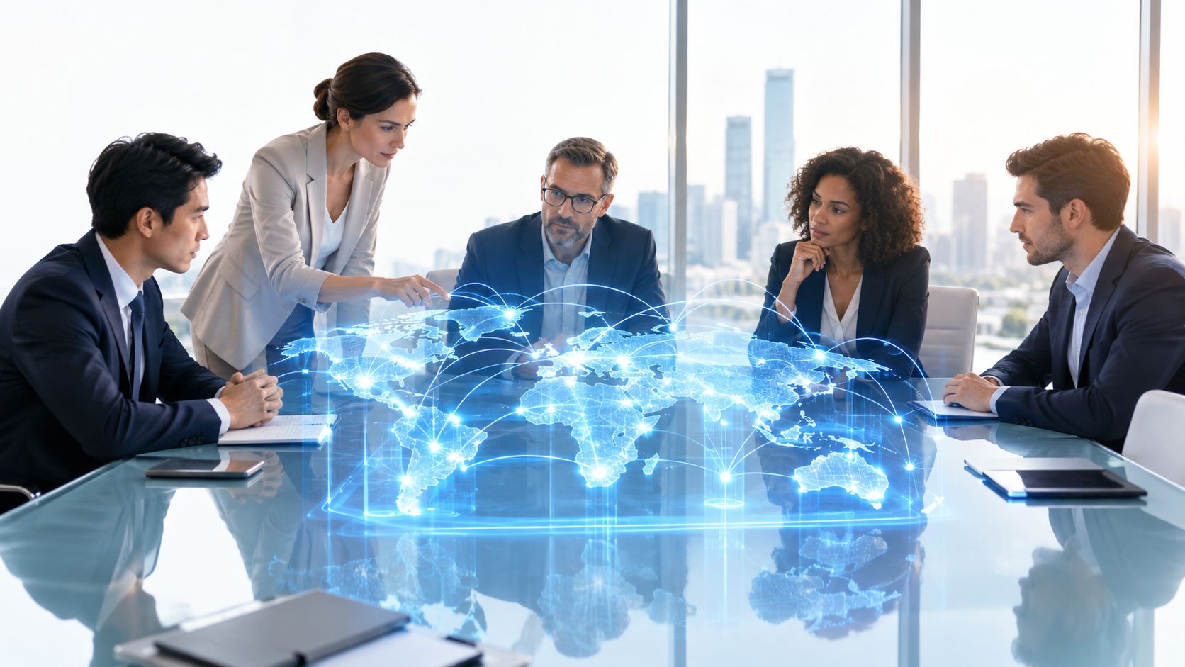 A professional business team holding a strategic meeting around a holographic global network map in a boardroom.