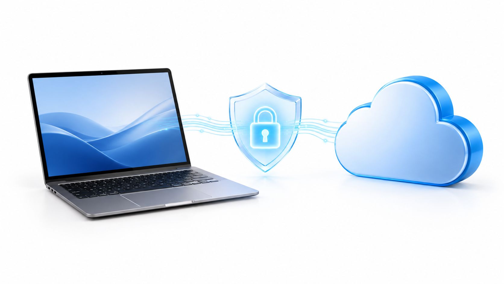 A laptop computer securely connected to a digital cloud symbol representing secure cloud computing and data protection.