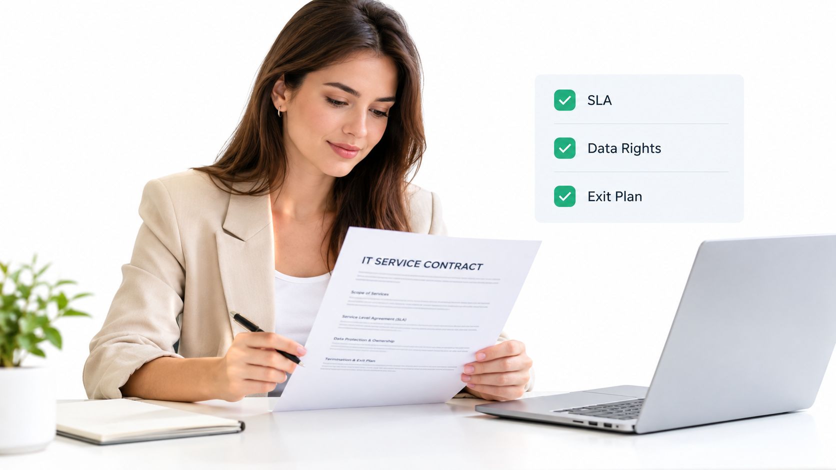 A professional woman reviewing an IT service contract at her desk with a laptop and checklist nearby.
