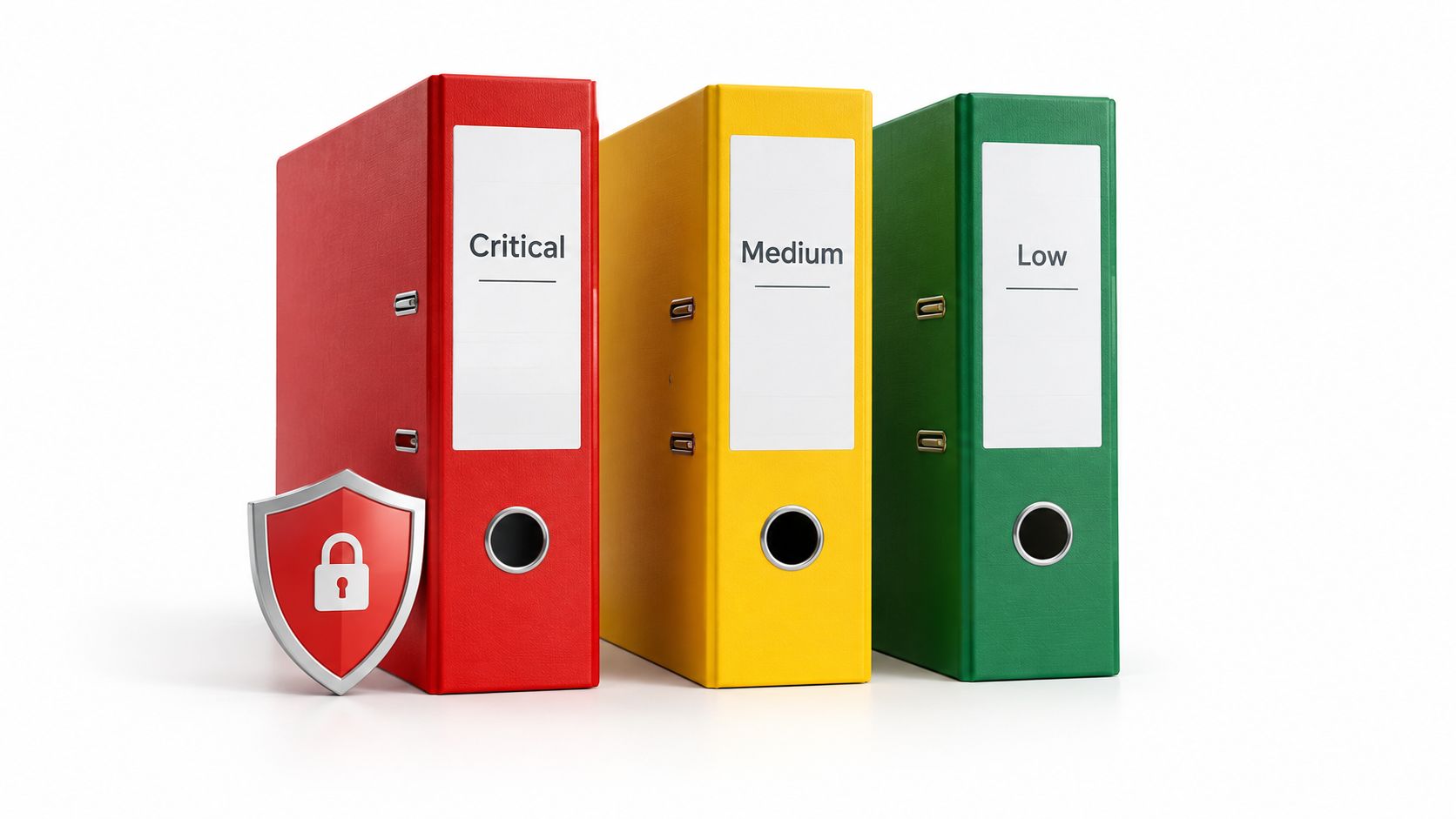 Three colorful binders labeled Critical, Medium, and Low with a security shield icon on a white background.