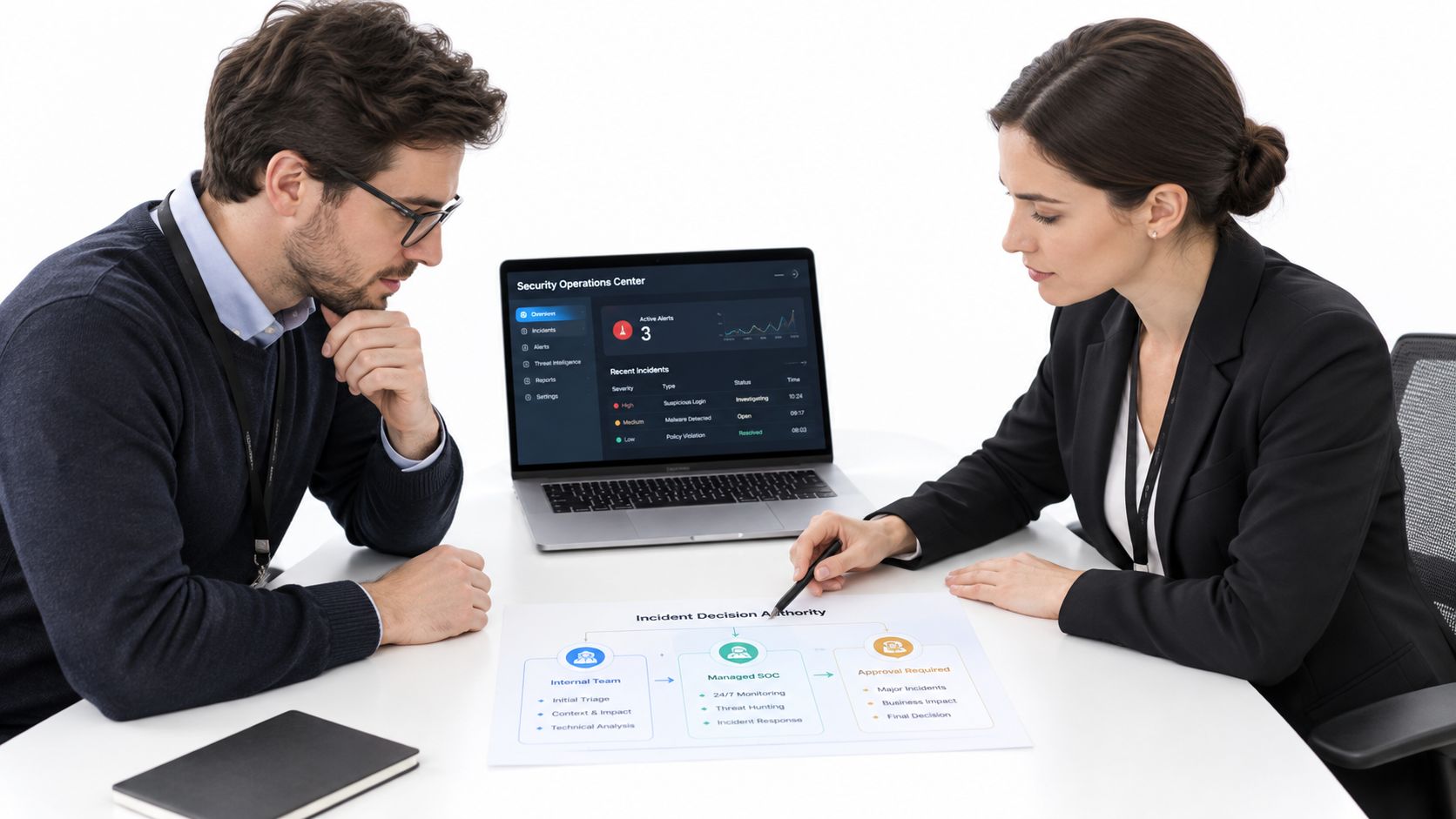 A professional man and woman discuss a cybersecurity incident flowchart in a modern office workspace environment.