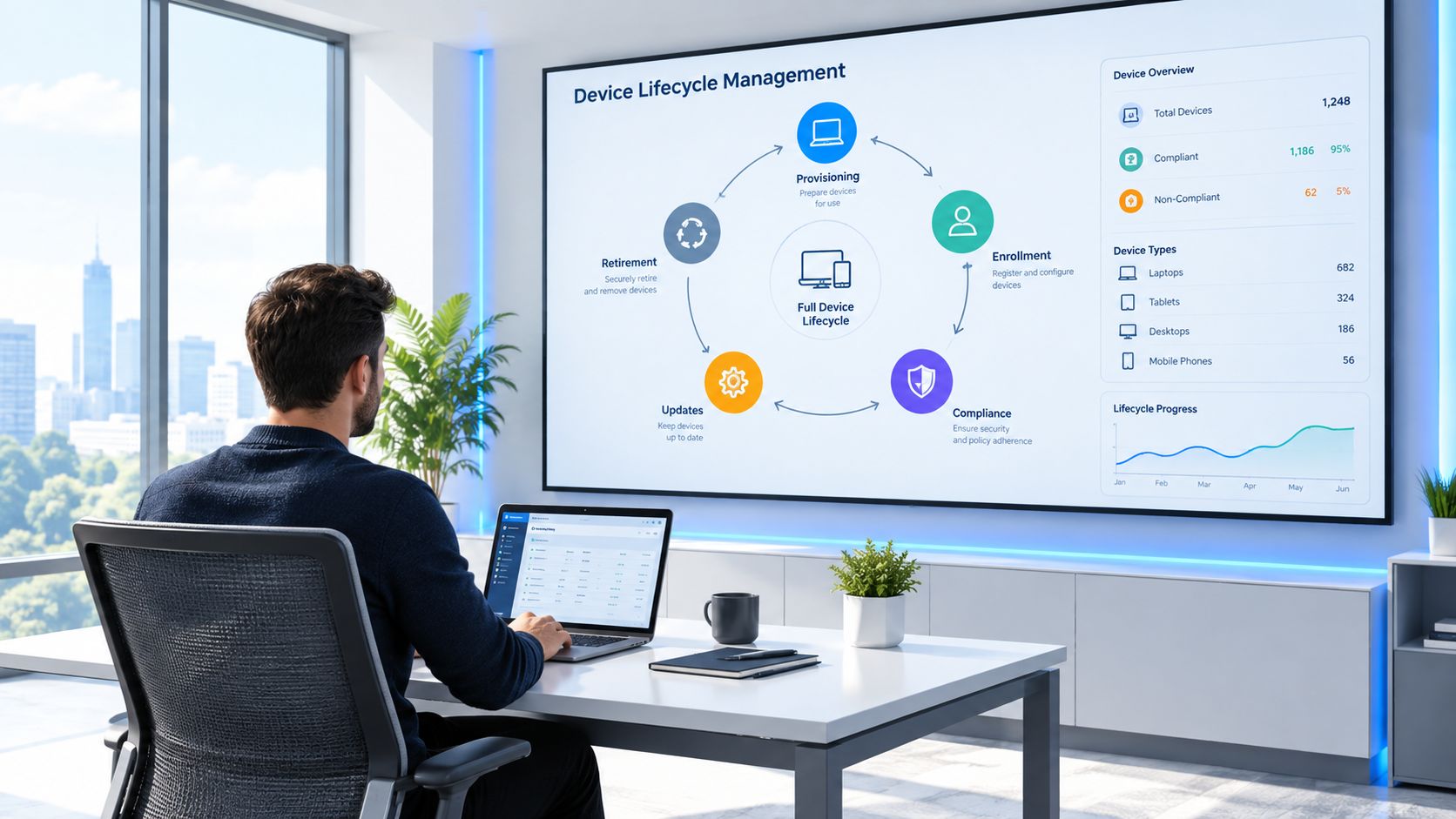 A professional working on a laptop with a large screen displaying device lifecycle management analytics in an office.
