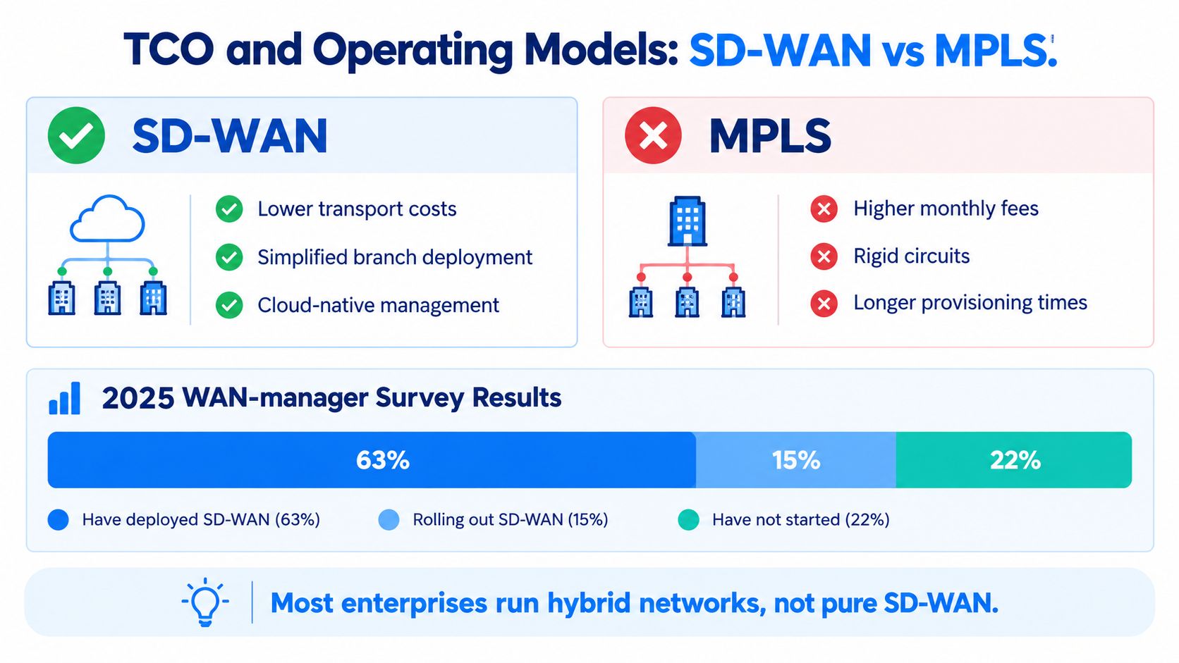 A comparison infographic showing the benefits of SD-WAN over MPLS and 2025 WAN manager survey results.