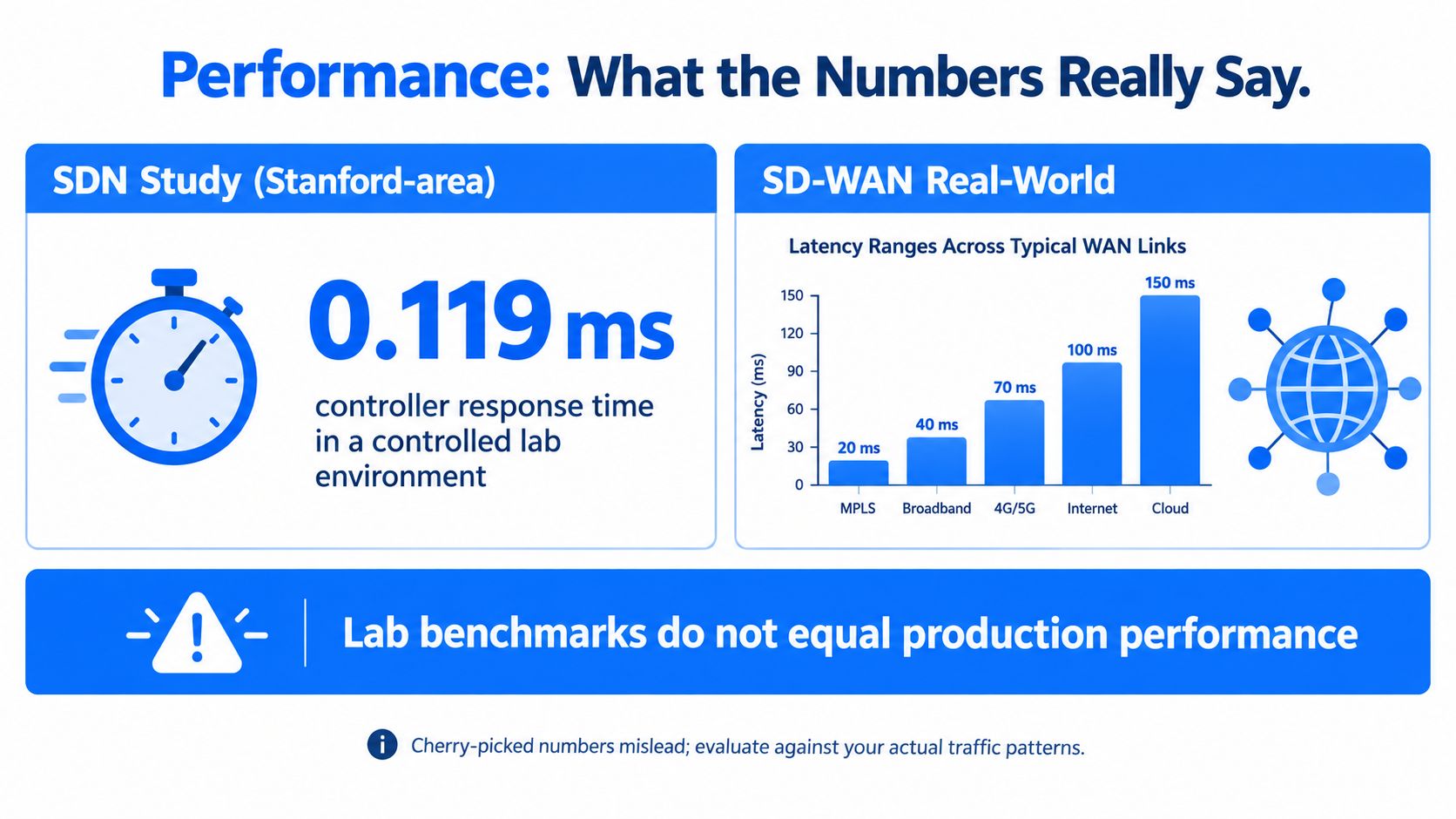 A comparison graphic showing controlled lab SDN latency versus real-world SD-WAN performance across various network links.