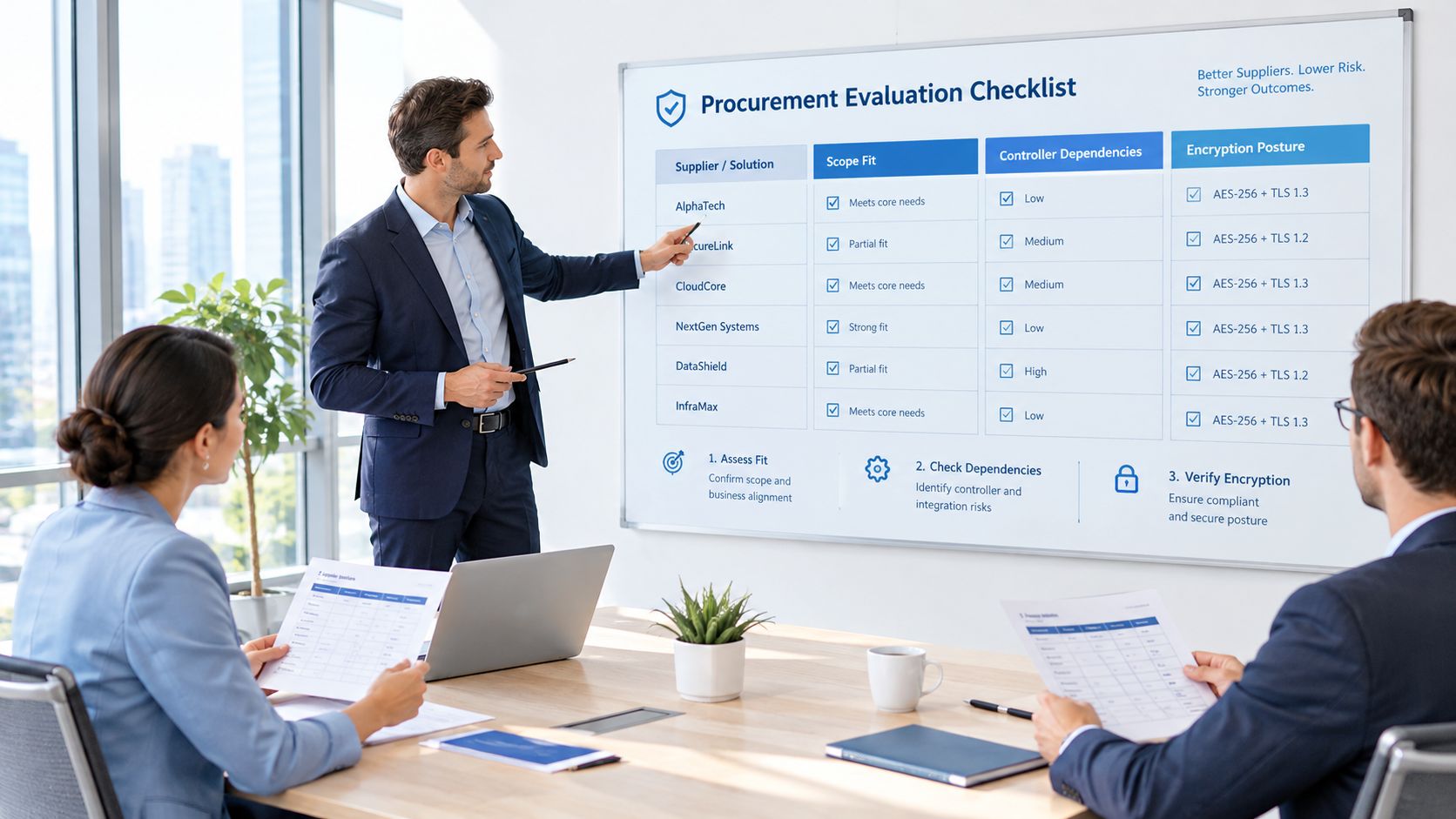 A professional business meeting where a speaker presents a procurement evaluation checklist on a whiteboard to colleagues.