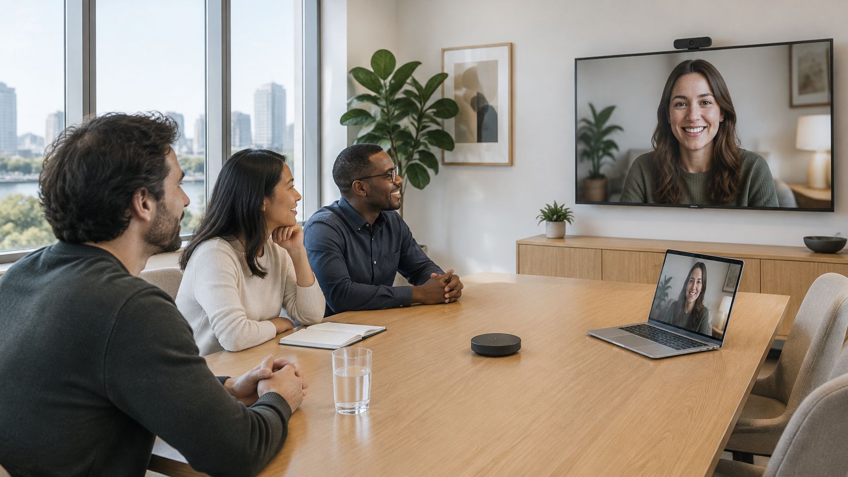 A diverse team sitting in a conference room having a hybrid video meeting with a remote colleague.