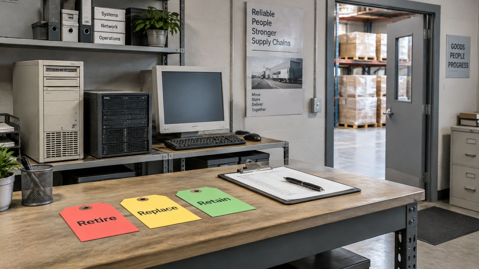A warehouse office desk featuring asset management tags labeled Retire, Replace, and Retain with computer equipment.
