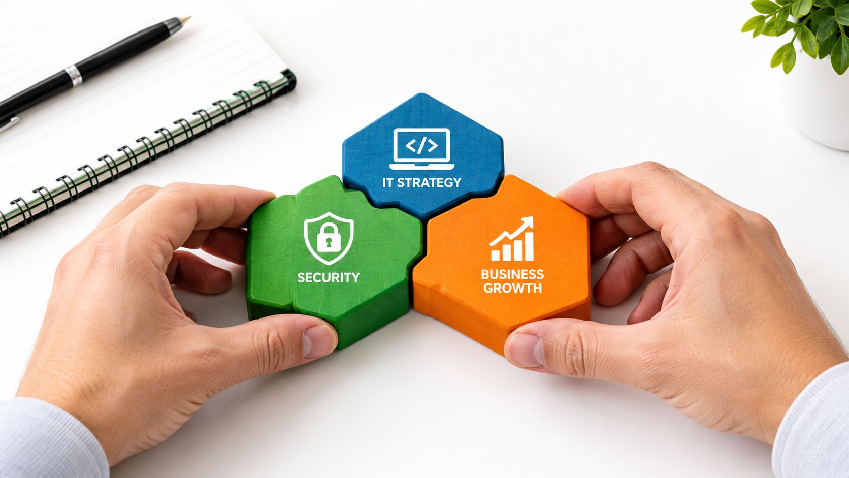 Hands assembling puzzle pieces labeled IT Strategy, Security, and Business Growth on a white desk.
