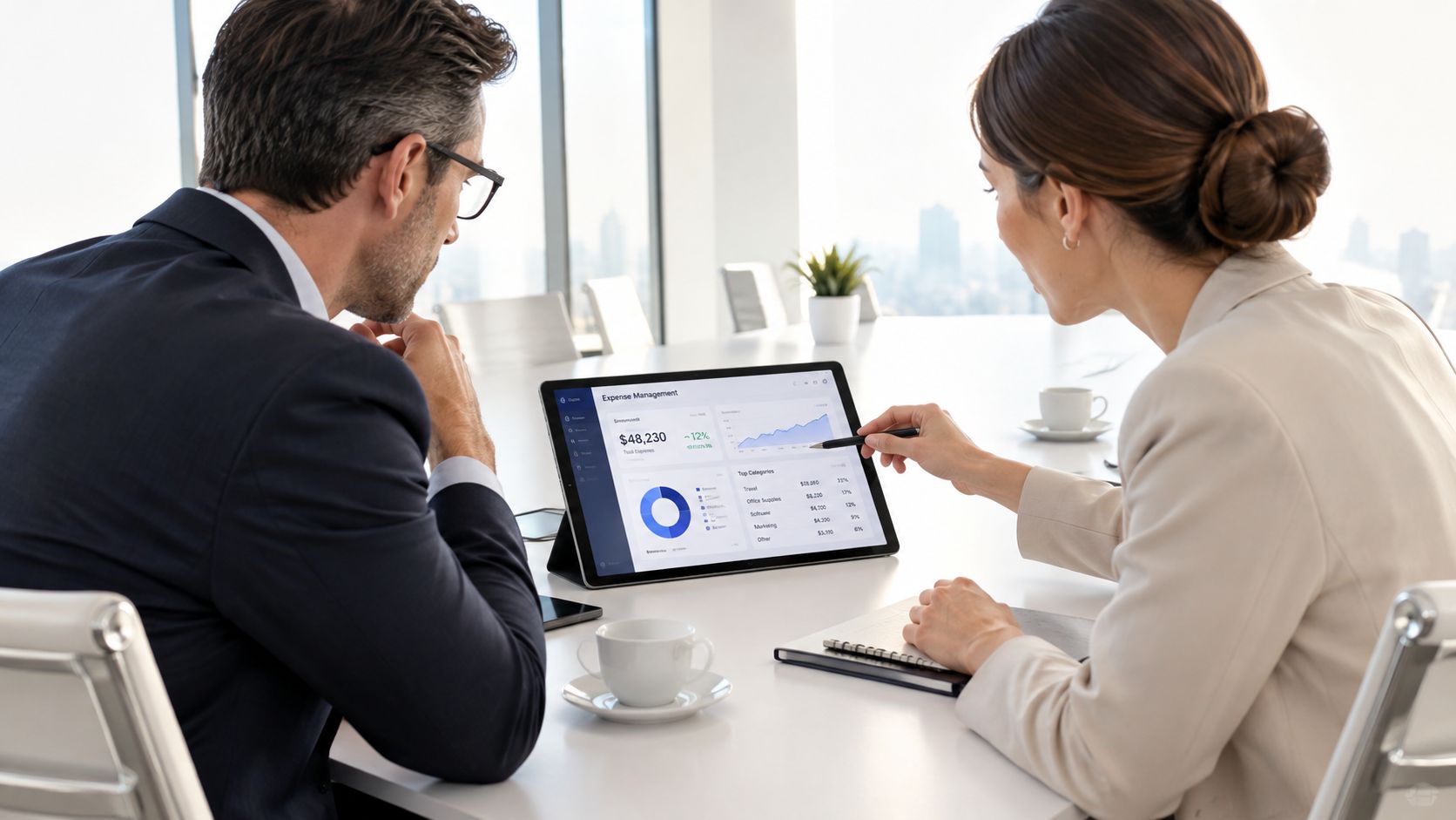 A professional man and woman discussing financial data on a tablet screen during a business meeting.