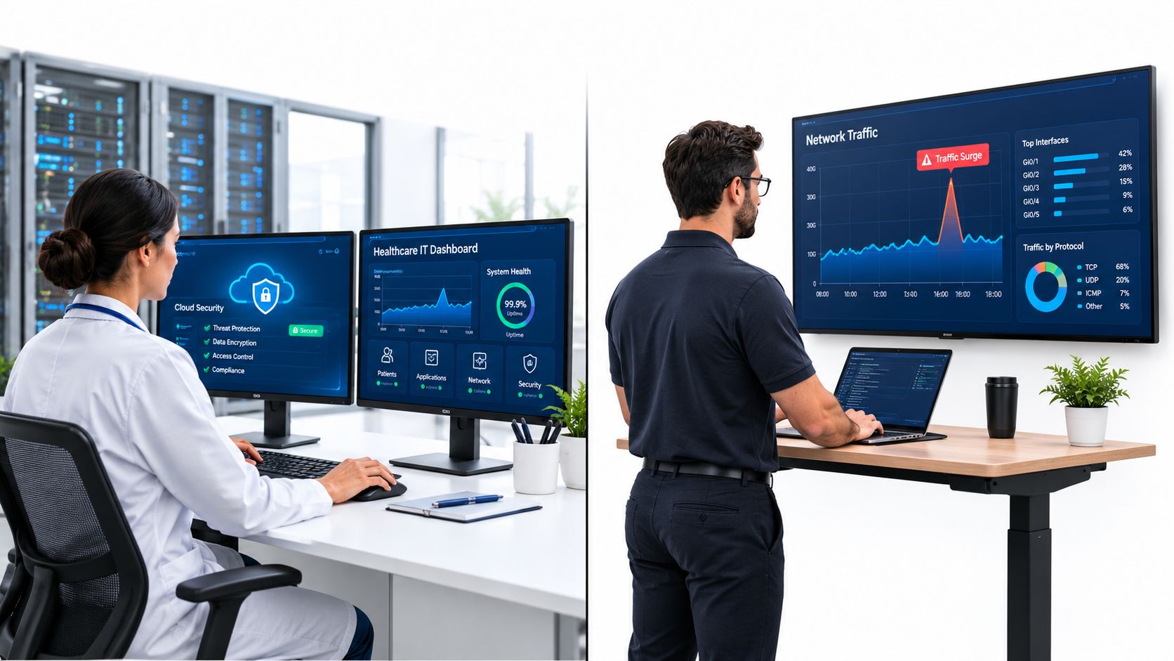 IT staff monitoring healthcare security dashboards and network traffic data in a modern office environment.