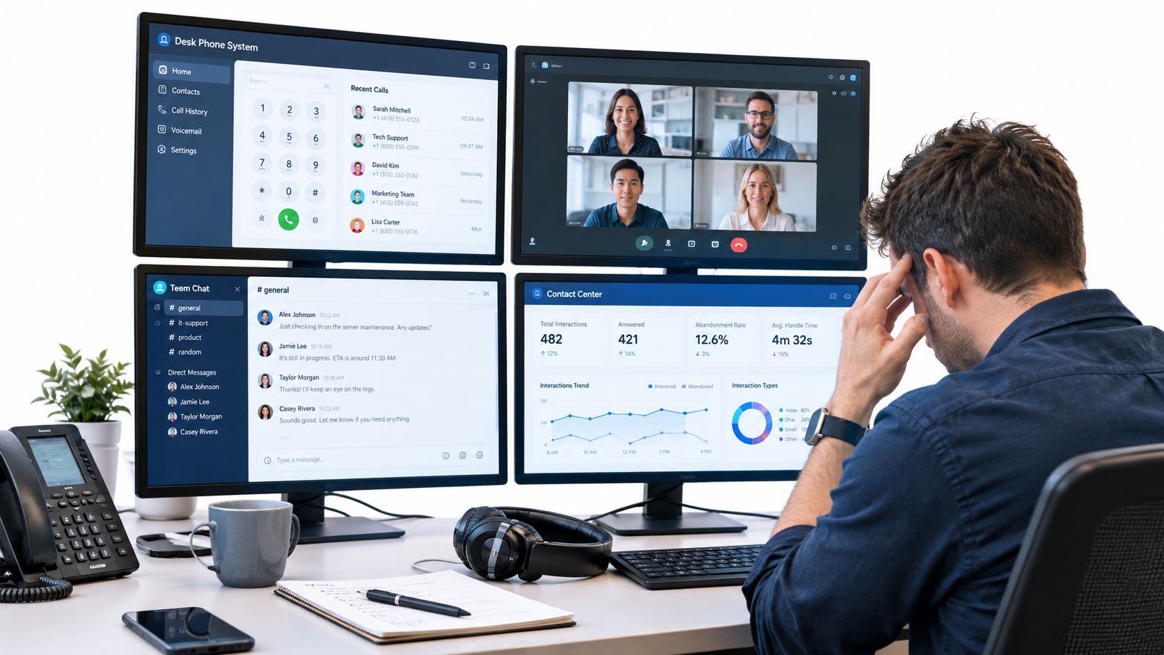 A stressed man sitting at a desk with four monitors displaying various business communication tools.